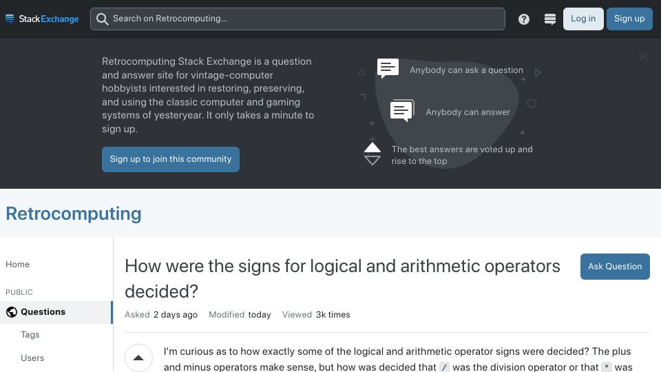 Screenshot of retrocomputing.stackexchange.com: How were the signs for logical and arithmetic operators decided?