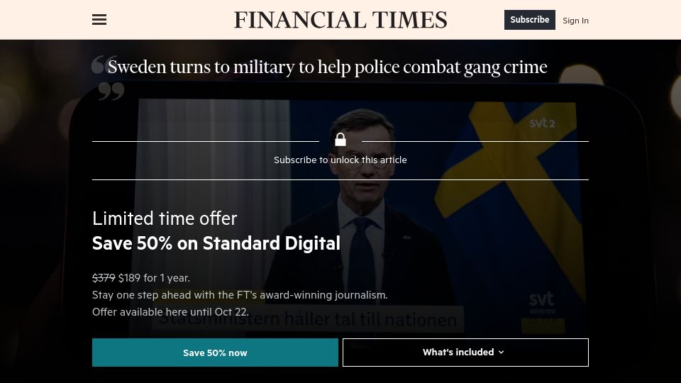 Screenshot of ft.com: Sweden turns to military to help police combat gang crime