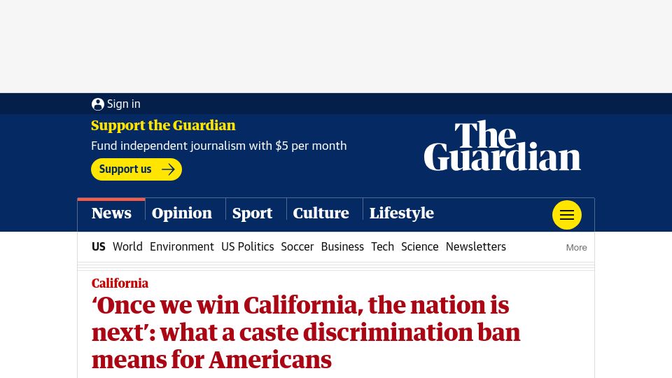 Screenshot of theguardian.com: What a caste discrimination ban means for Americans