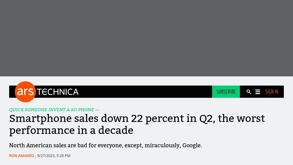 Screenshot of arstechnica.com: Smartphone sales down 22 percent in Q2, the worst performance in a decade