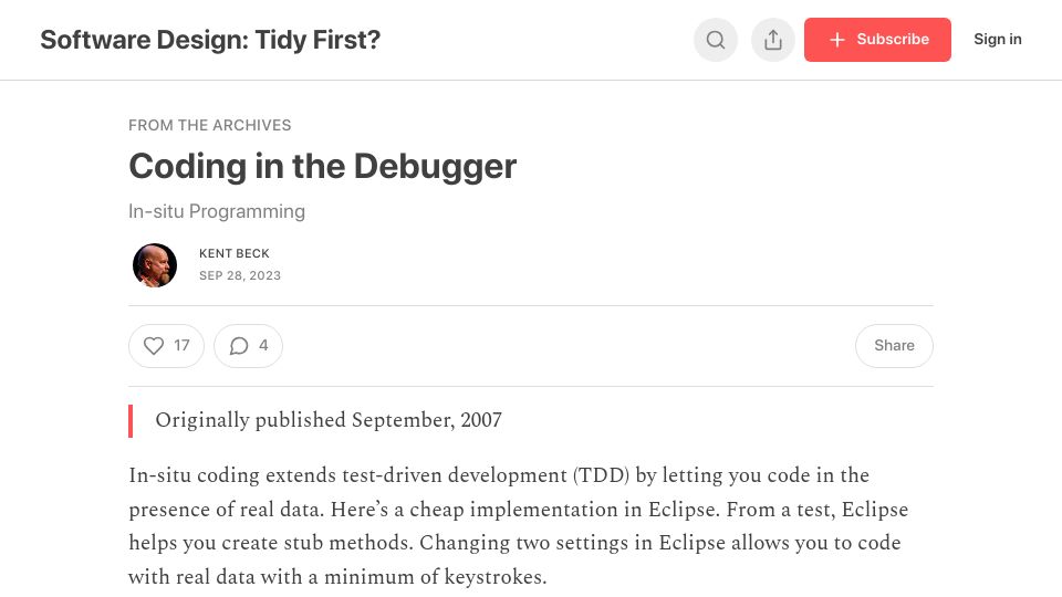 Screenshot of tidyfirst.substack.com: Coding in the Debugger (2007)