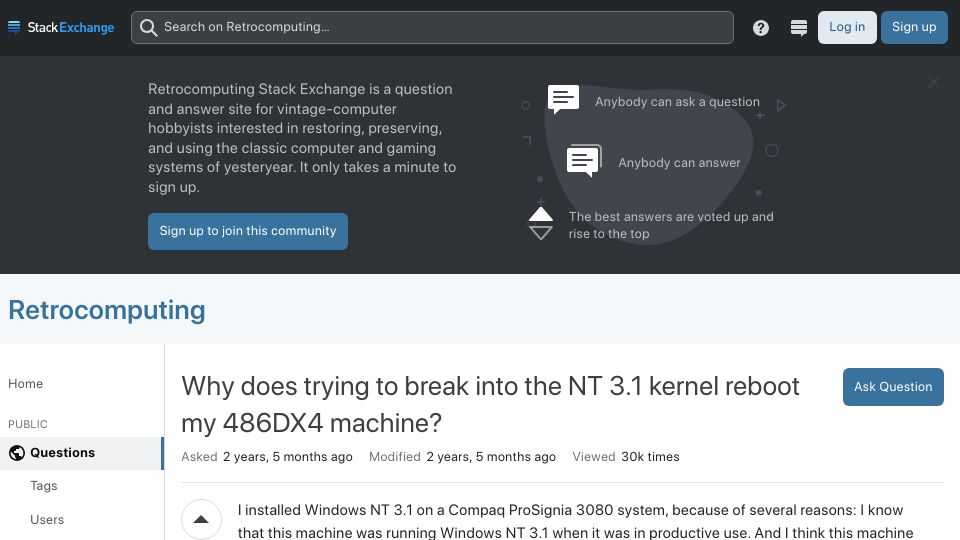 Screenshot of retrocomputing.stackexchange.com: Why does trying to break into the NT 3.1 kernel reboot my 486DX4 machine?