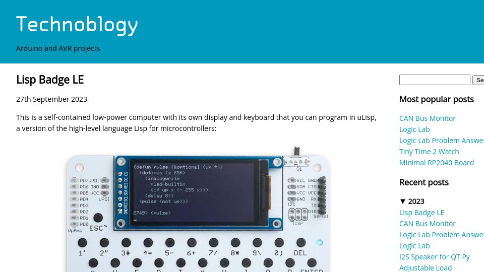 Screenshot of technoblogy.com: Lisp Badge LE