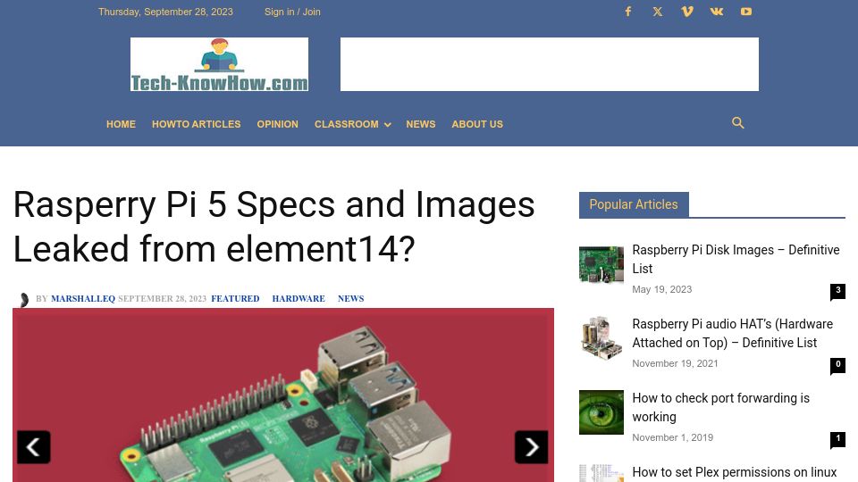 Screenshot of tech-knowhow.com: Rasperry Pi 5 Specs and Images Leaked from Element14?