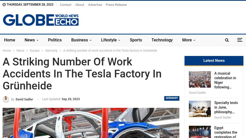 Screenshot of globeecho.com: Very high number of workplace accidents at Tesla factory in Germany