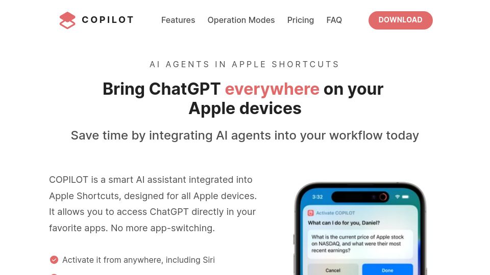 Screenshot of meetcopilot.app: Show HN: Use ChatGPT with Apple Shortcuts