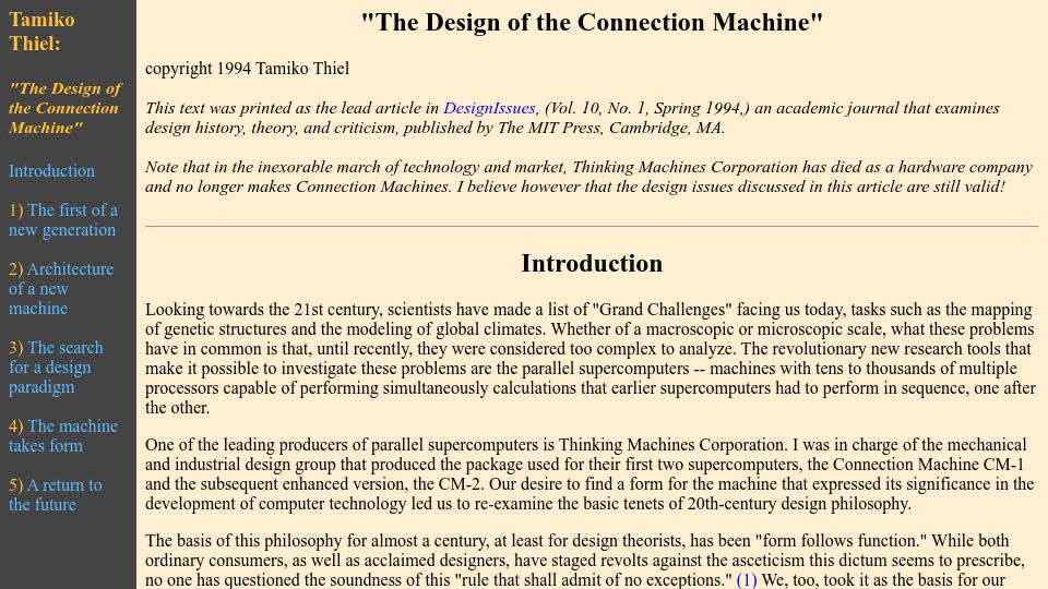 Screenshot of tamikothiel.com: The Design of the Connection Machine