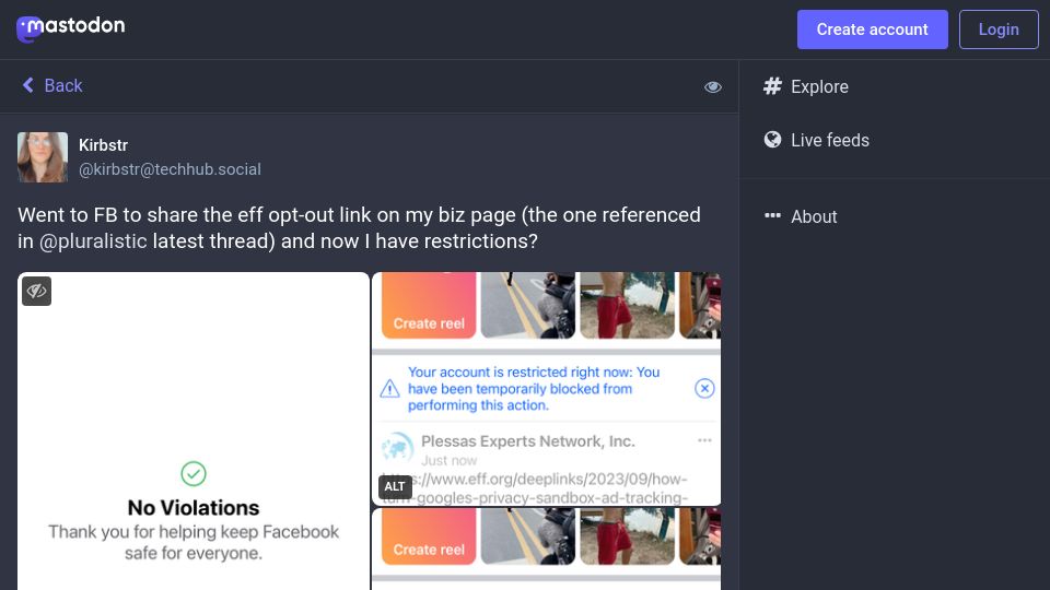 Screenshot of techhub.social: Facebook/Meta blocks accounts for posting link to EFF privacy tips