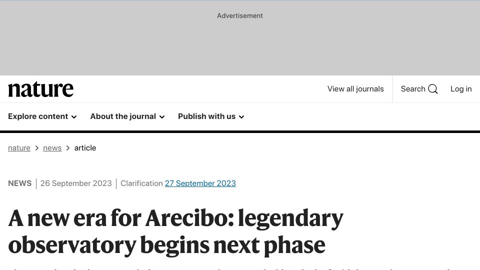 Screenshot of nature.com: A new era for Arecibo