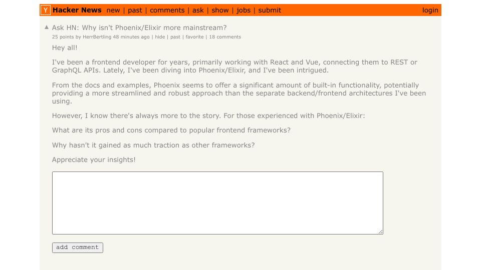 Screenshot of Hacker News post: Ask HN: Why isn't Phoenix/Elixir more mainstream?