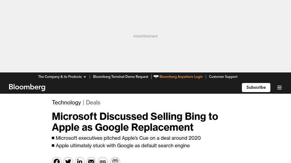 Screenshot of bloomberg.com: Microsoft Discussed Selling Bing to Apple as Google Replacement