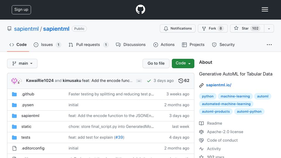 Screenshot of github.com: Show HN: SapientML – Generative AutoML for Tabular Data
