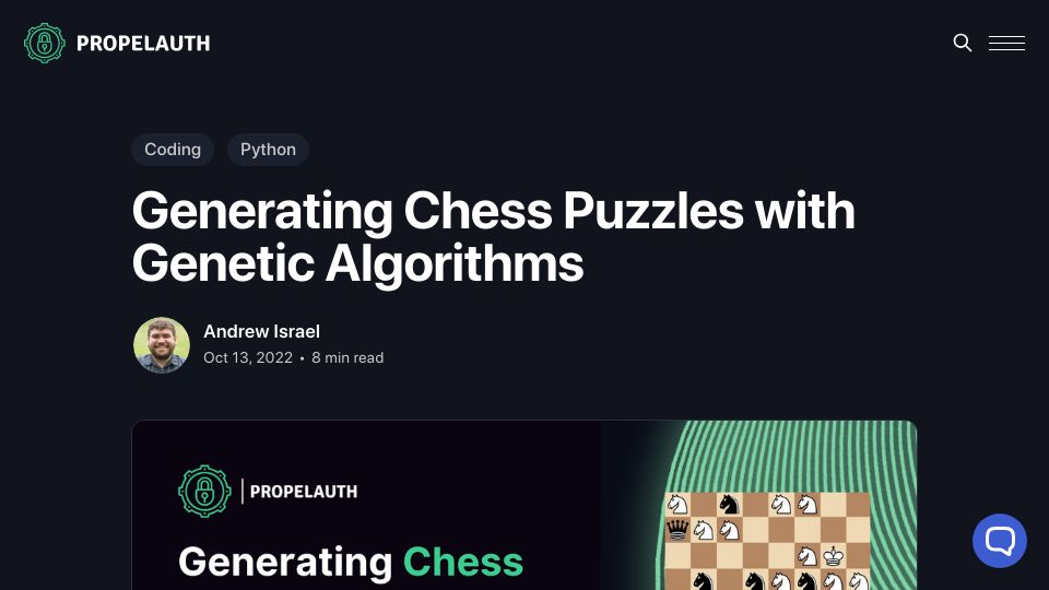 Screenshot of propelauth.com: Generating chess puzzles with generic algorithms (2022)