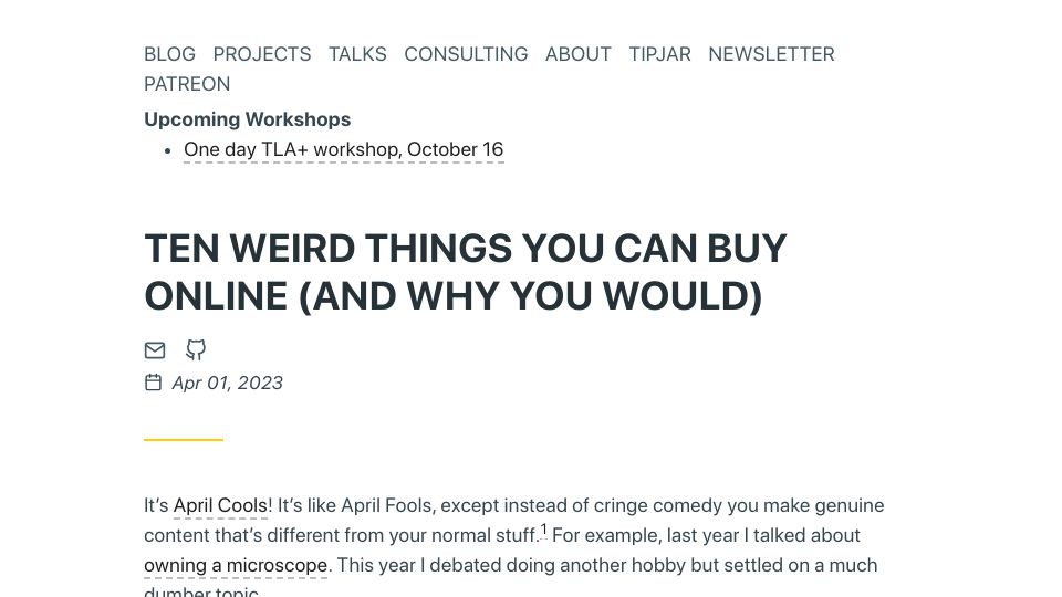 Screenshot of hillelwayne.com: Weird things you can buy online