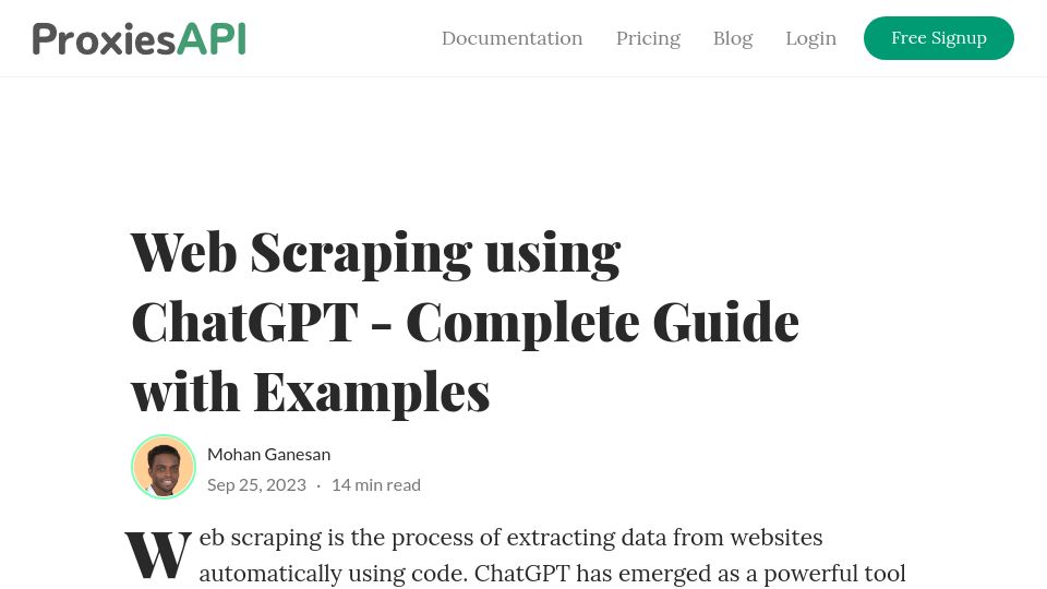Screenshot of proxiesapi.com: Web Scraping Using ChatGPT – Complete Guide with Examples