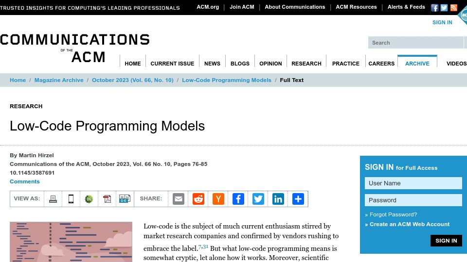 Screenshot of cacm.acm.org: Low-Code Programming Models