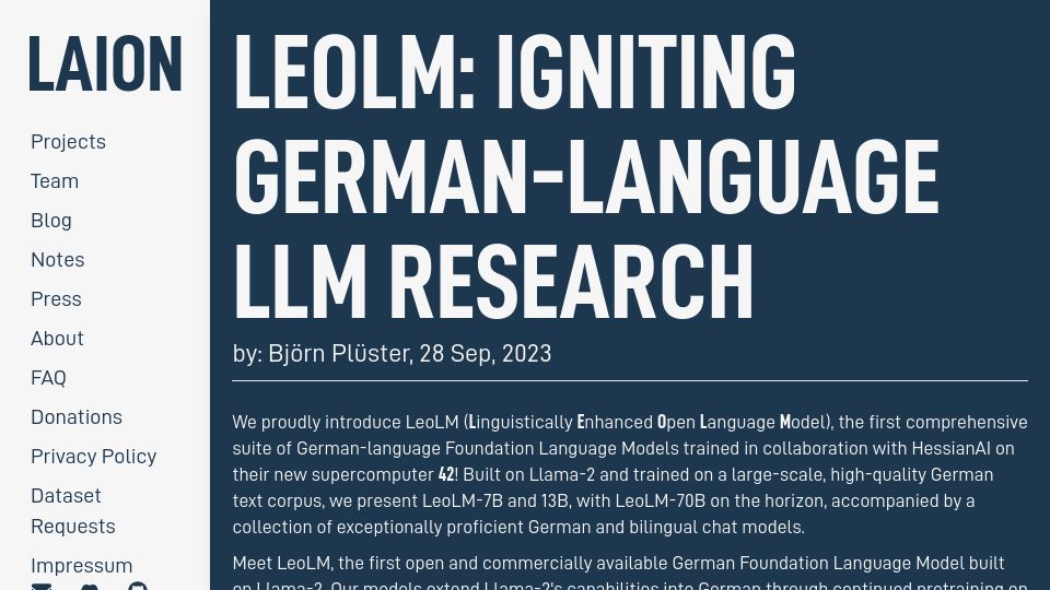 Screenshot of laion.ai: LeoLM: German-Language LLM Research