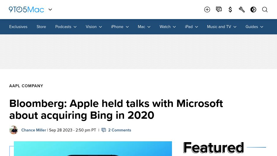 Screenshot of 9to5mac.com: Bloomberg: Apple held talks with Microsoft about acquiring Bing in 2020