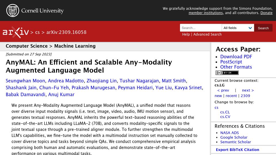 Screenshot of arxiv.org: AnyMAL: An Efficient and Scalable Any-Modality Augmented Language Model
