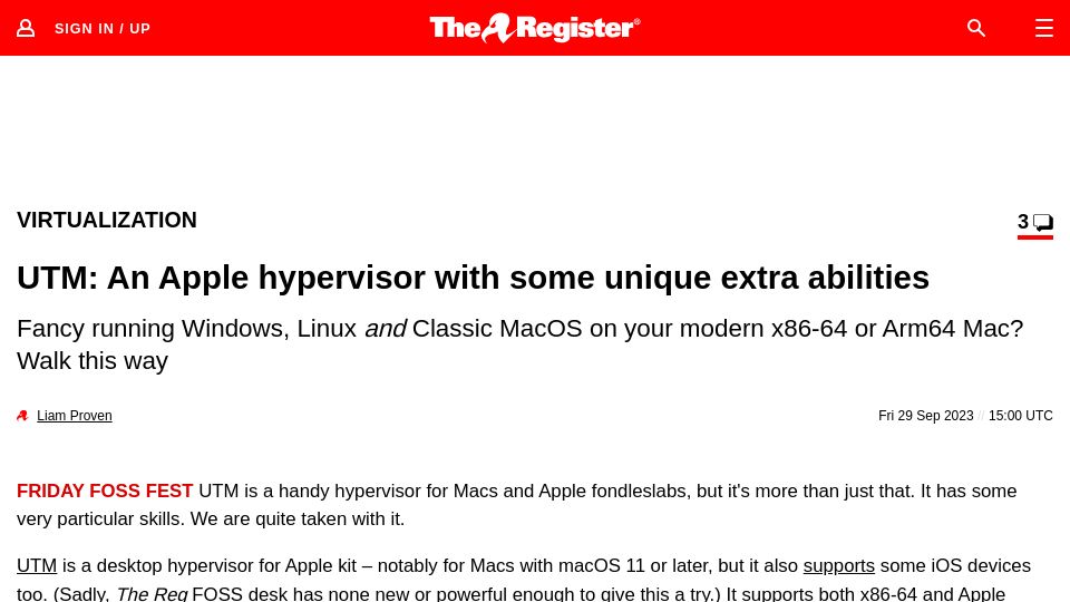 Screenshot of theregister.com: UTM: An Apple hypervisor with some unique extra abilities