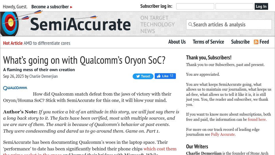Screenshot of semiaccurate.com: How did Qualcomm snatch defeat from the jaws of victory with their Oryon SoC?