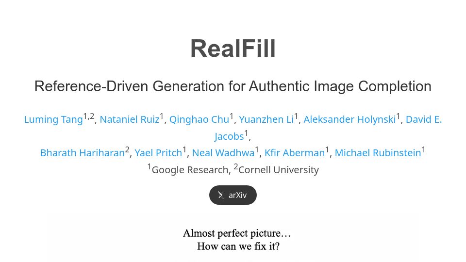 Screenshot of realfill.github.io: RealFill: Image completion using diffusion models