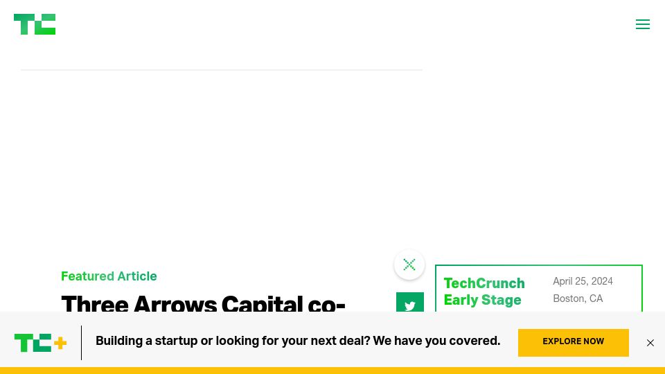 Screenshot of techcrunch.com: Three Arrows Capital co-founder Zhu arrested in Singapore airport