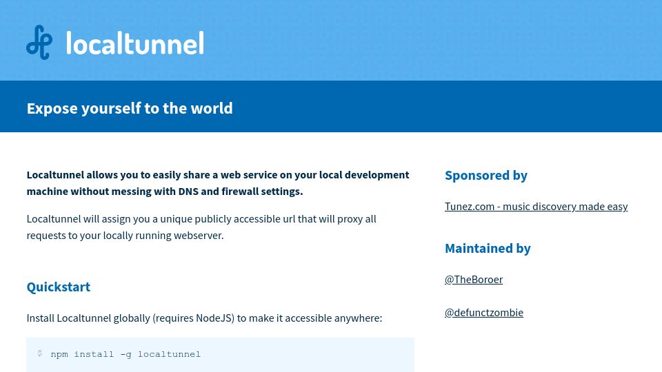 Screenshot of theboroer.github.io: Localtunnel – Easily share a web service on your local development machine