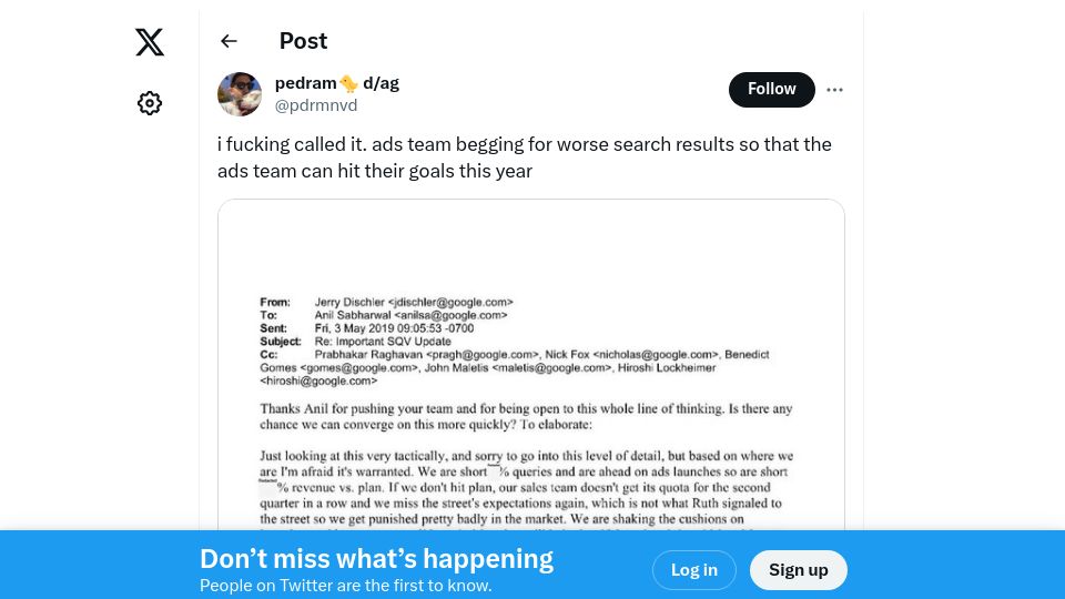 Screenshot of twitter.com: Ads team begging for worse search results so that ads team can hit their goals