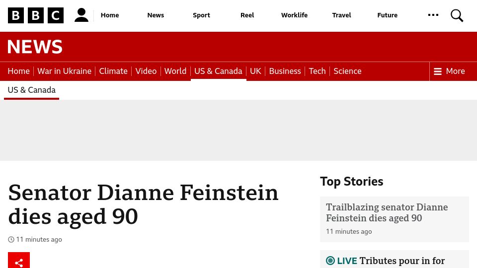 Screenshot of bbc.com: Senator Dianne Feinstein dies aged 90