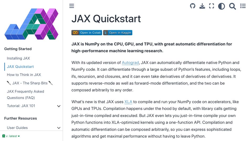 Screenshot of jax.readthedocs.io: JAX – NumPy on the CPU, GPU, and TPU