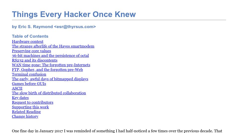 Screenshot of catb.org: Things Every Hacker Once Knew (2017)