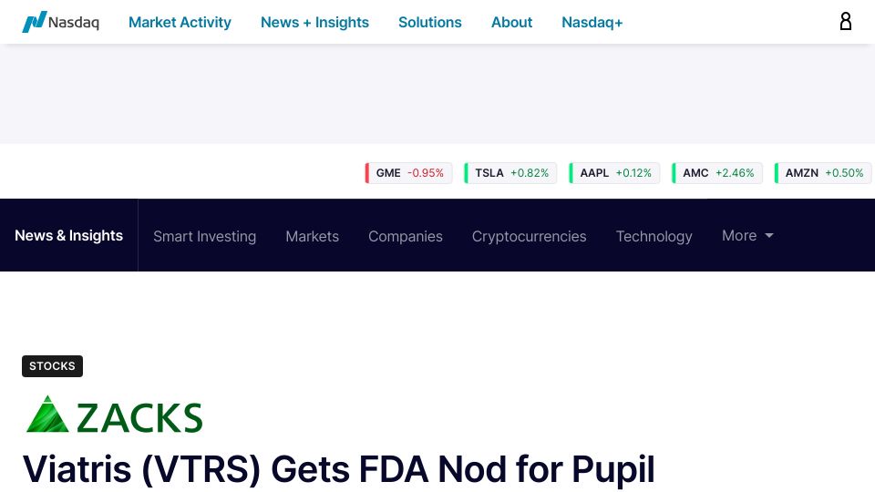 Screenshot of nasdaq.com: Viatris Gets FDA Nod for Pupil Dilation Reversal Agent
