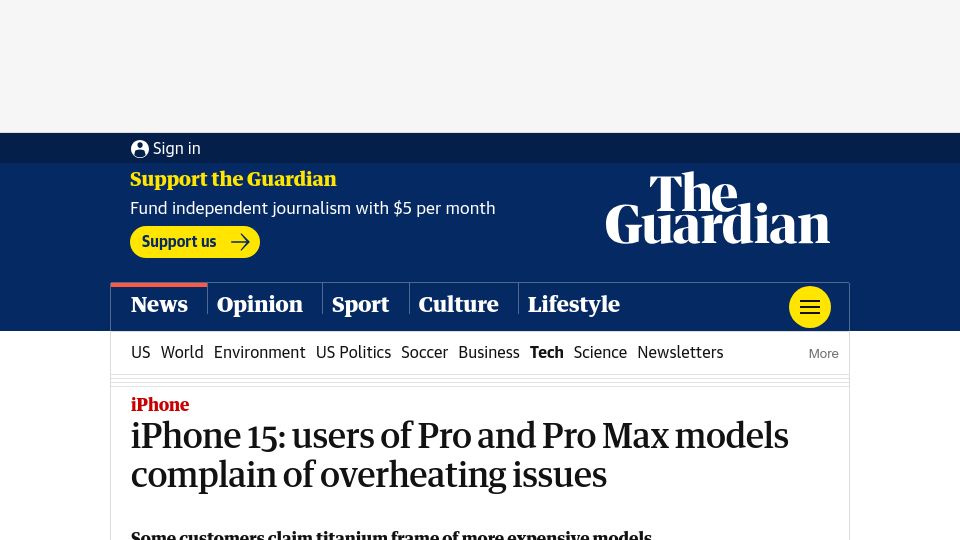 Screenshot of theguardian.com: iPhone 15: users of Pro and Pro Max models complain of overheating issues