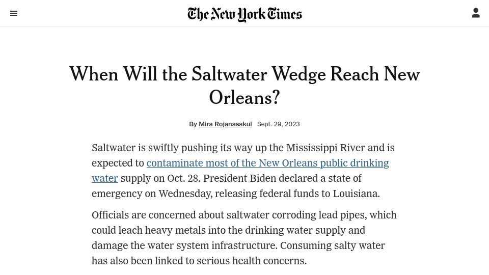 Screenshot of nytimes.com: Saltwater is pushing its way up the Mississippi River