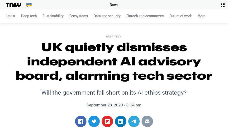 Screenshot of thenextweb.com: UK dismisses independent AI advisory board