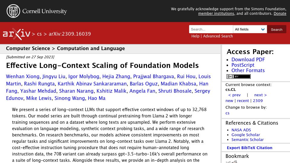 Screenshot of arxiv.org: Llama 2 Long