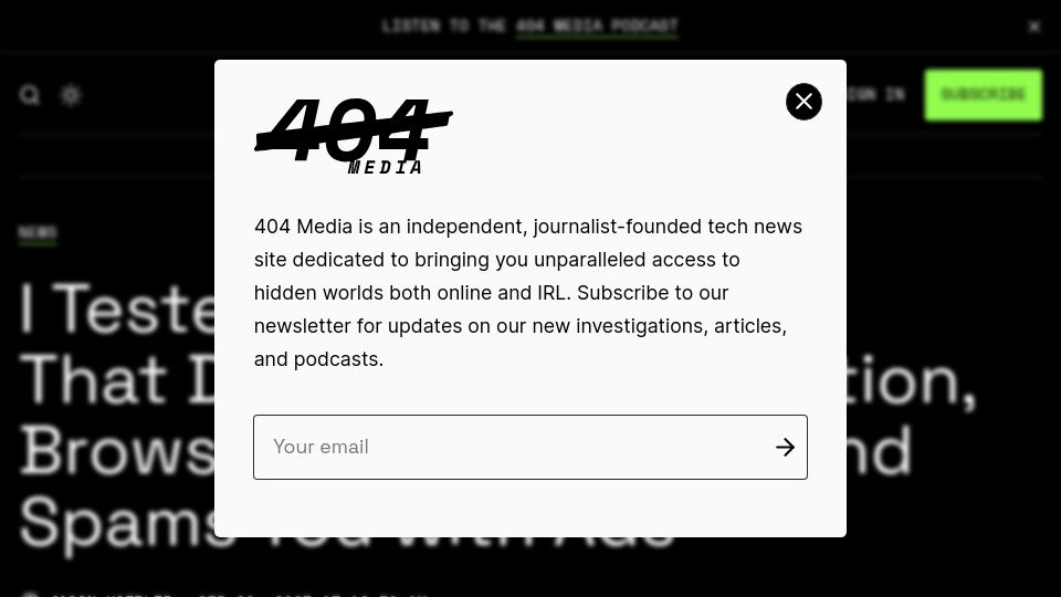 Screenshot of 404media.co: I Tested an HDMI Adapter That Demands Your Location and Spams You with Ads
