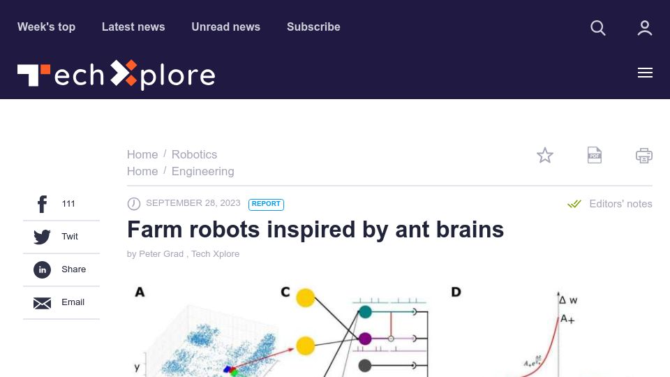Screenshot of techxplore.com: Farm robots inspired by ant brains