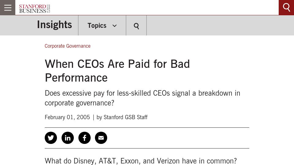 Screenshot of gsb.stanford.edu: When CEOs Are Paid for Bad Performance (2005)