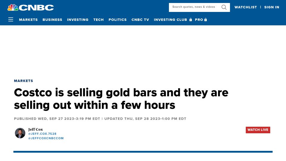 Screenshot of cnbc.com: Costco gold bars are selling out within hours