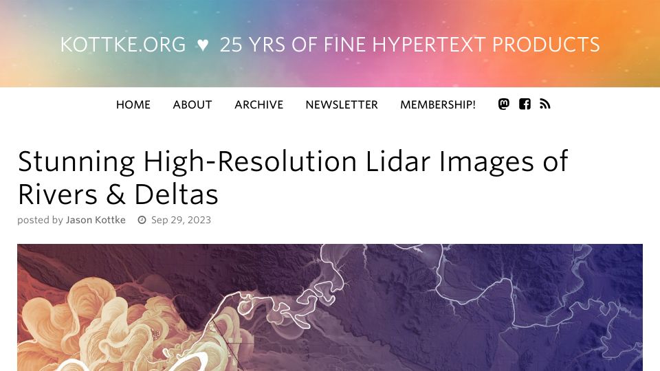 Screenshot of kottke.org: High-Resolution Lidar Images of Rivers and Deltas
