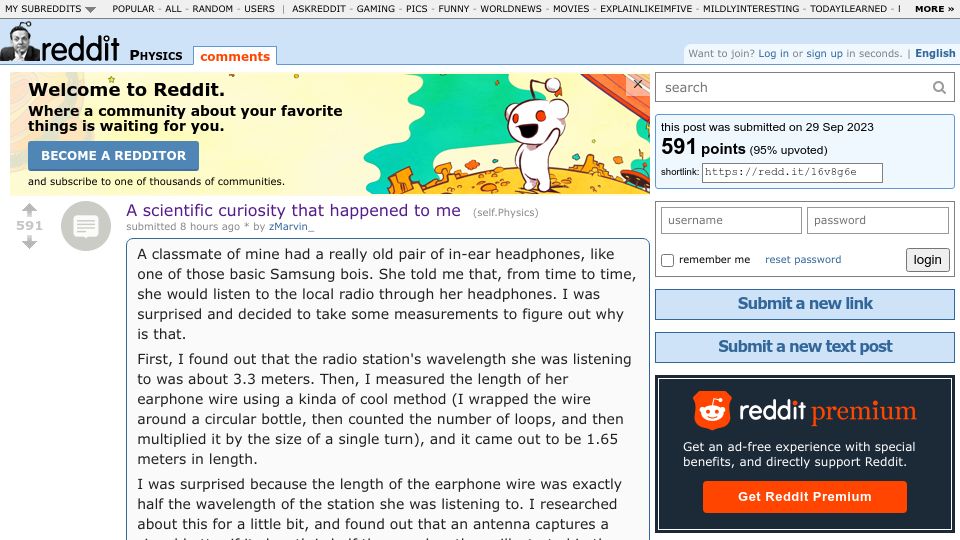 Screenshot of old.reddit.com: A scientific curiosity that happened to me