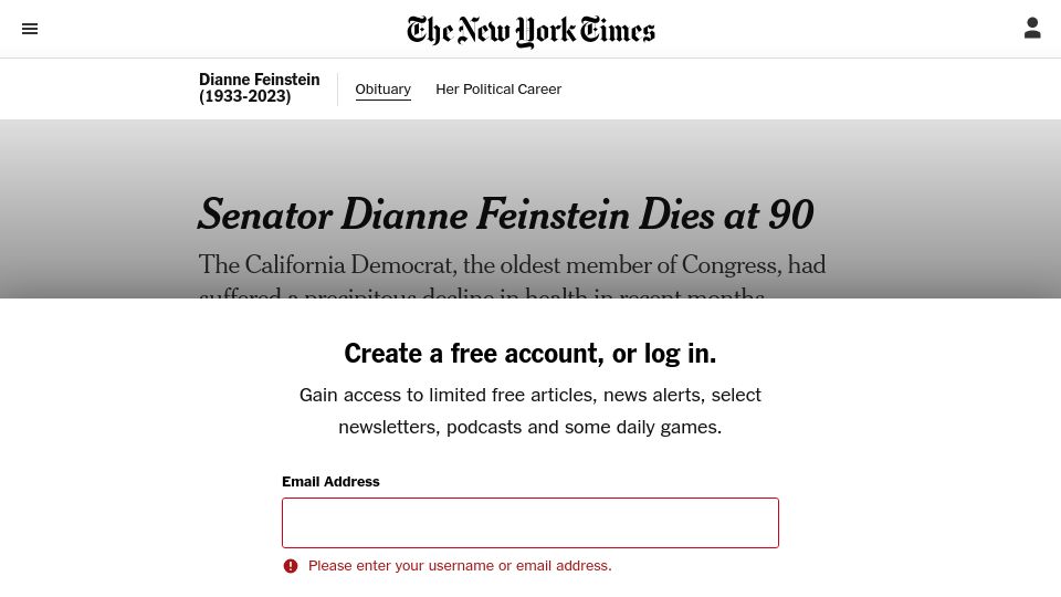 Screenshot of nytimes.com: Senator Dianne Feinstein has died