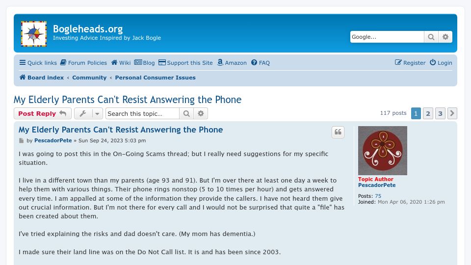 Screenshot of bogleheads.org: My elderly parents can't resist answering the phone