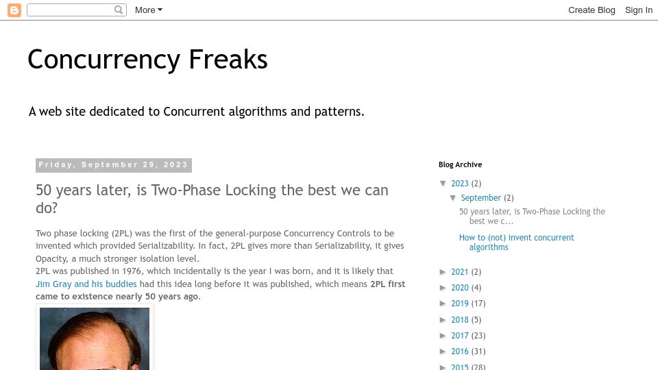 Screenshot of concurrencyfreaks.blogspot.com: 50 years later, is two-phase locking the best we can do?