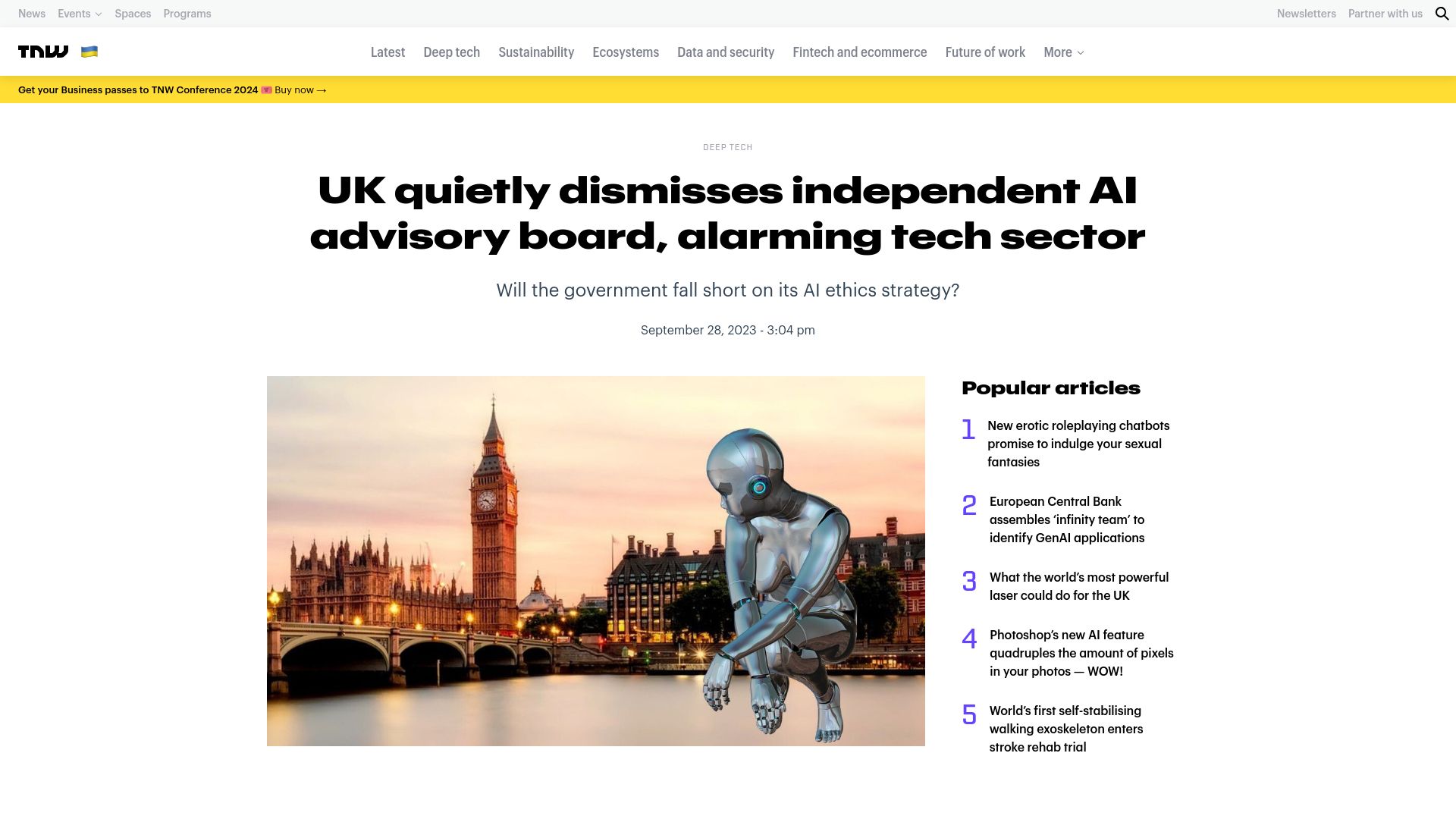 Screenshot of thenextweb.com: UK dismisses independent AI advisory board