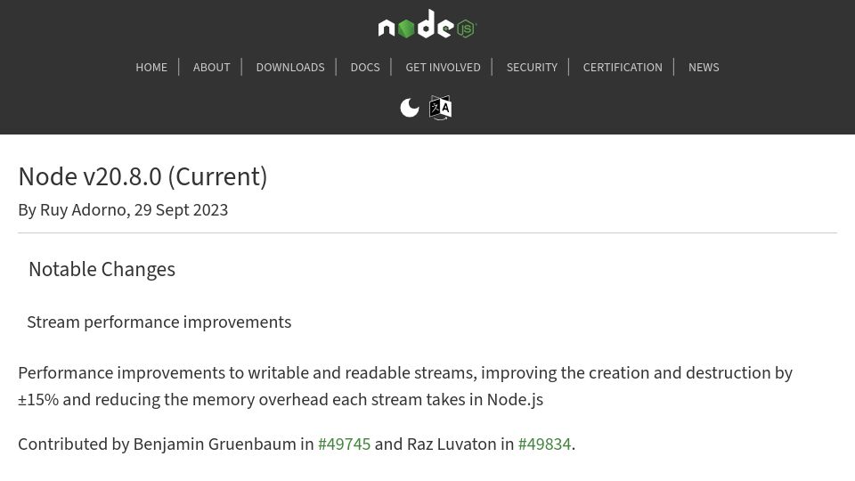 Screenshot of nodejs.org: Node.js – v20.8.0