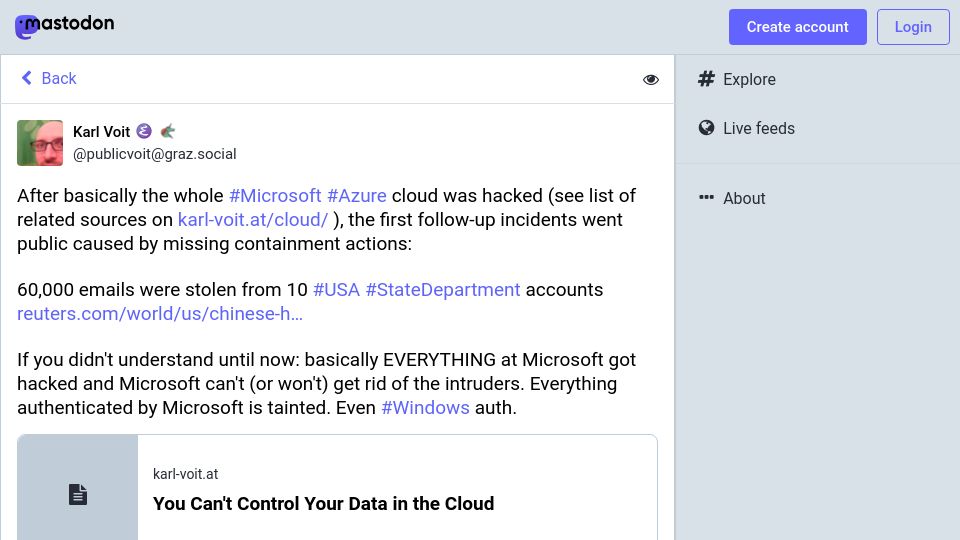 Screenshot of graz.social: Everything authenticated by Microsoft is tainted