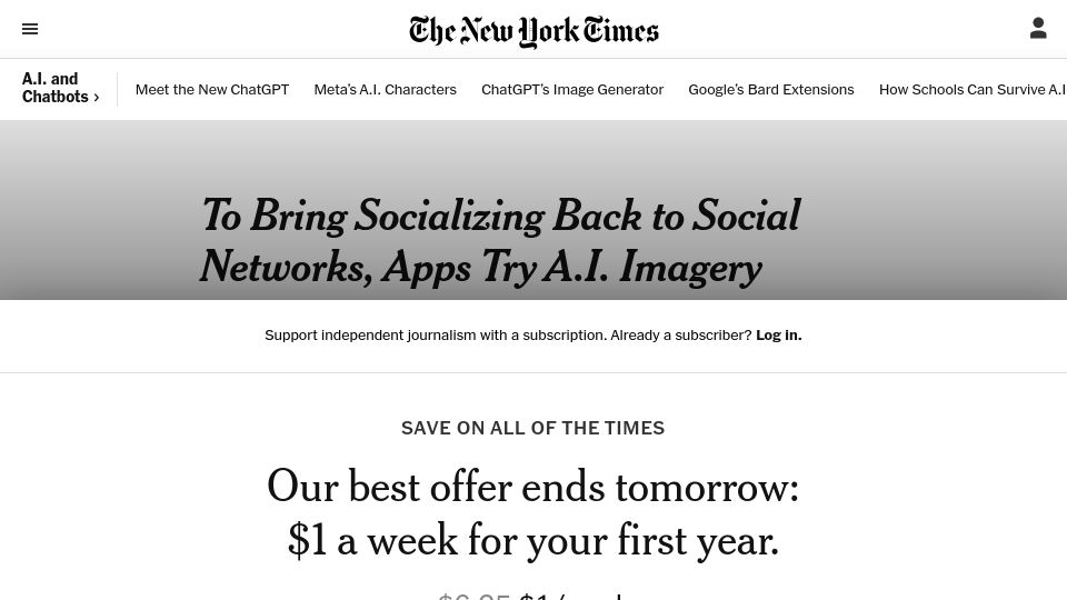 Screenshot of nytimes.com: To bring socializing back to social networks, apps try A.I. imagery